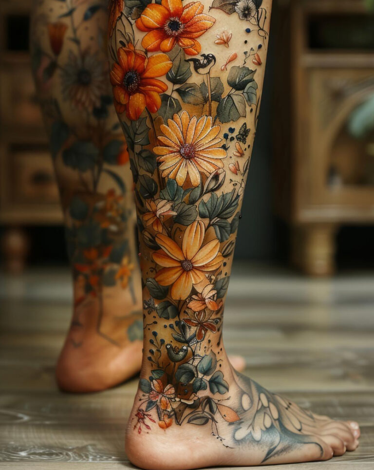 Tatuaje único de flores en la pierna