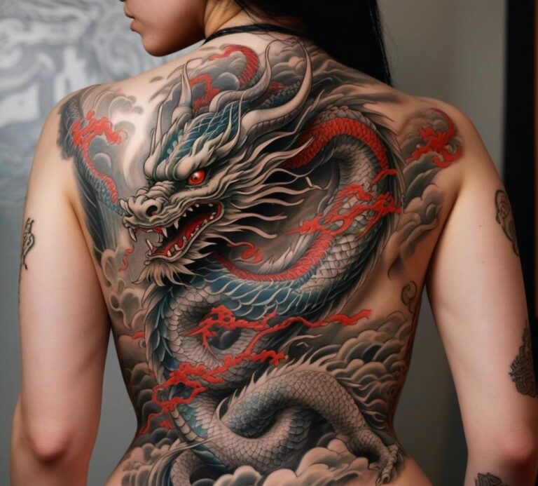 tatuaje de dragon japones en la espalda de una mujer