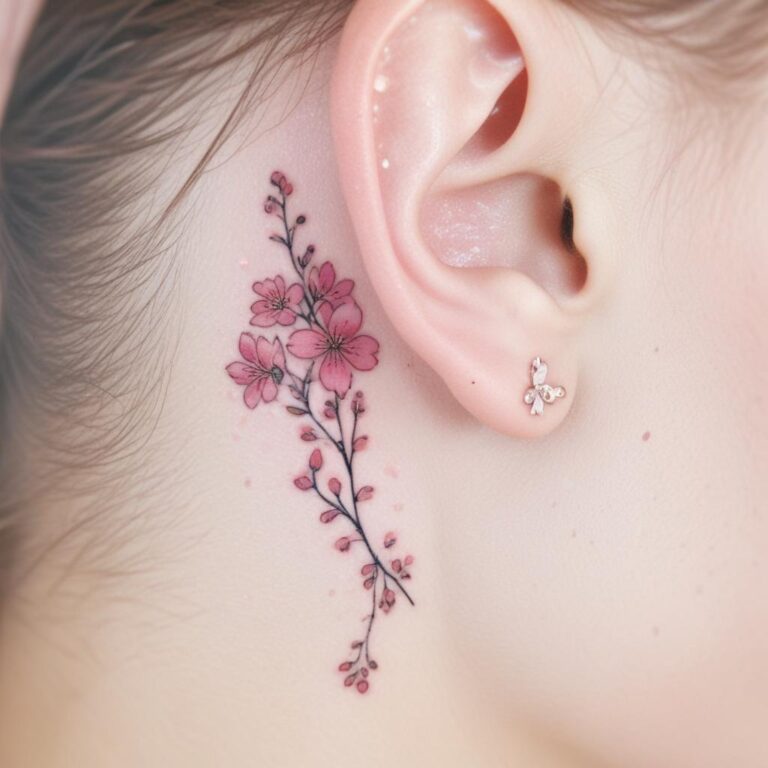 Tatuaje minimalista de flores detrás de la oreja para mujer