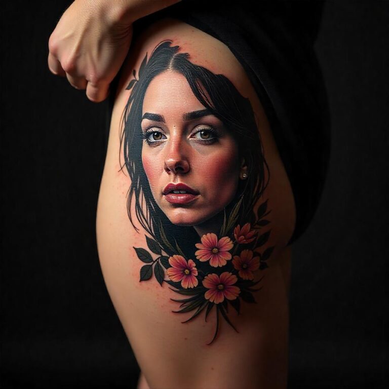 tatuaje de retrato en el muslo