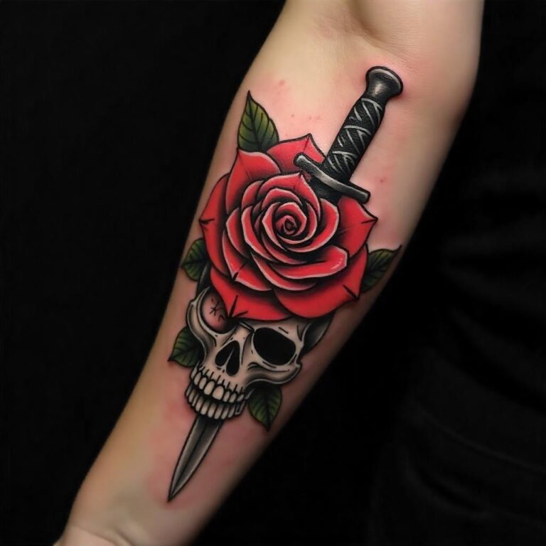 tatuaje de rosa con calavera y daga