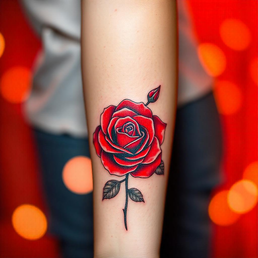 Tatuaje de rosa roja en el antebrazo