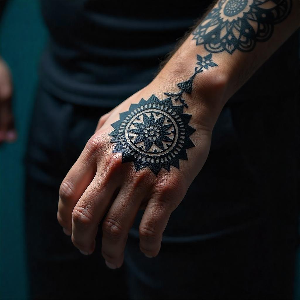 Intrincado tatuaje de mandala en la mano: Simetría y espiritualidad