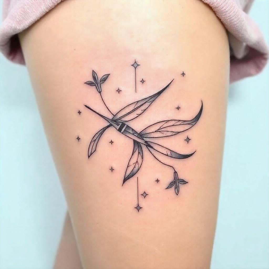 Precioso tatuaje del signo del zodiaco Géminis en el muslo