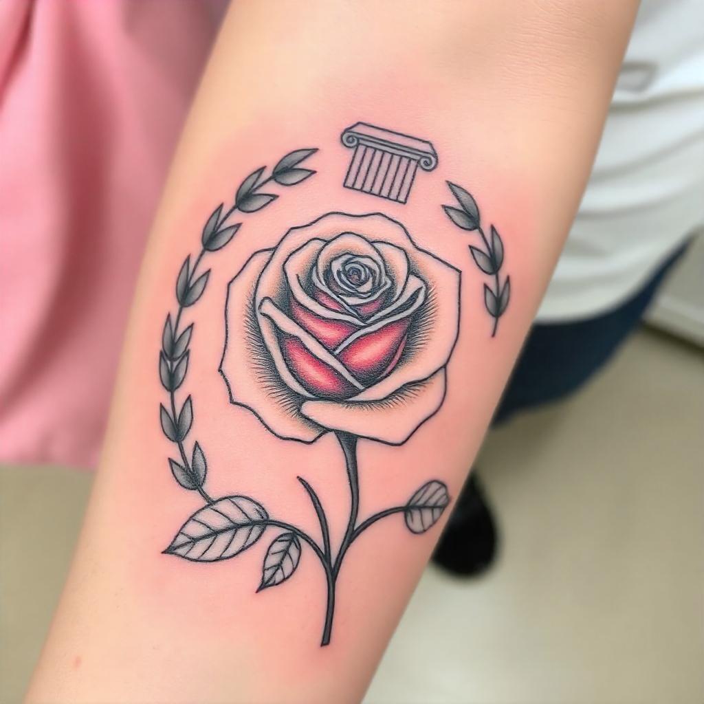 Tatuaje de rosa de inspiración griega en el antebrazo