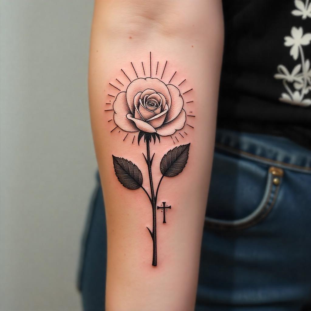 Tatuaje de rosa de inspiración cristiana en el antebrazo