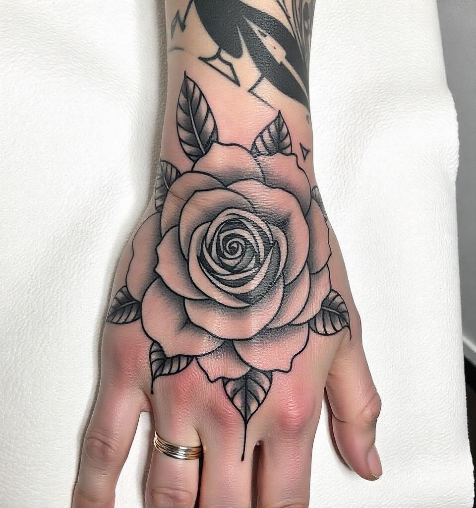 tatuaje de rosa realista en la mano 