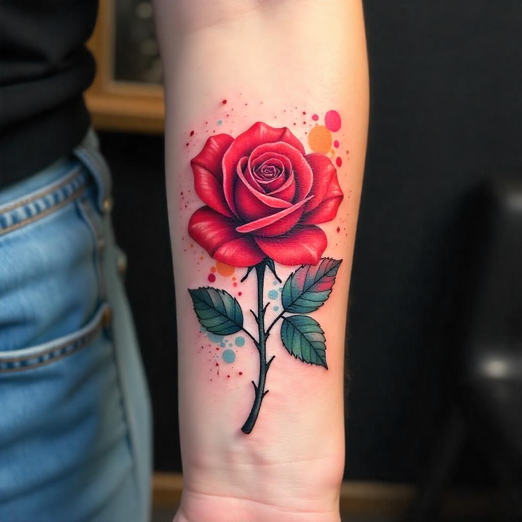 tatuaje de rosa acuarela en el antebrazo 