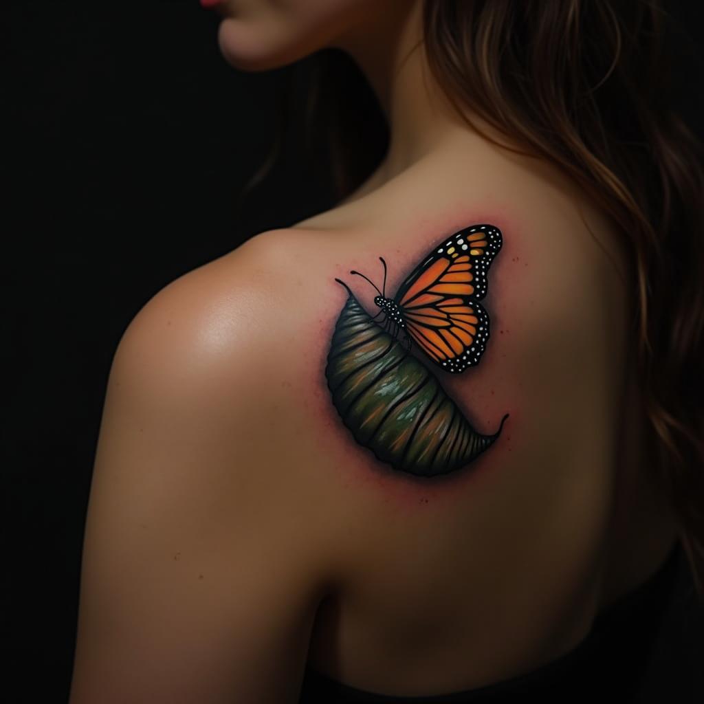 Tatuaje de una mariposa saliendo de un capullo en el hombro