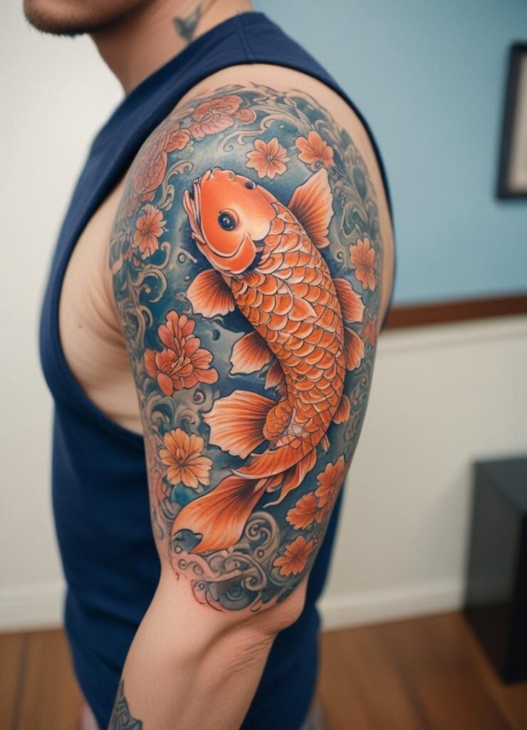 Tatuaje de pez Koi japonés en el brazo 