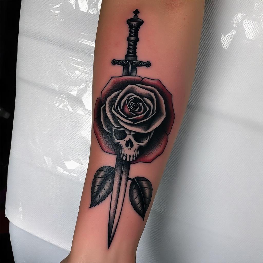 tatuaje de rosa con dagas y calavera en el brazo 