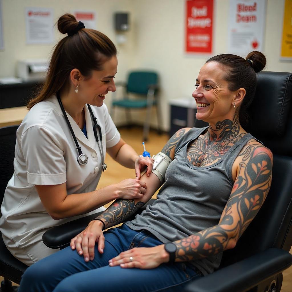 Una mujer tatuada dona sangre