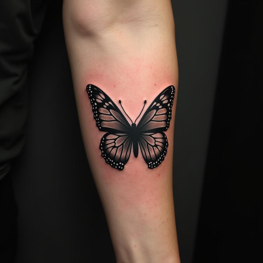 Tatuaje de una mariposa en pleno vuelo en un antebrazo