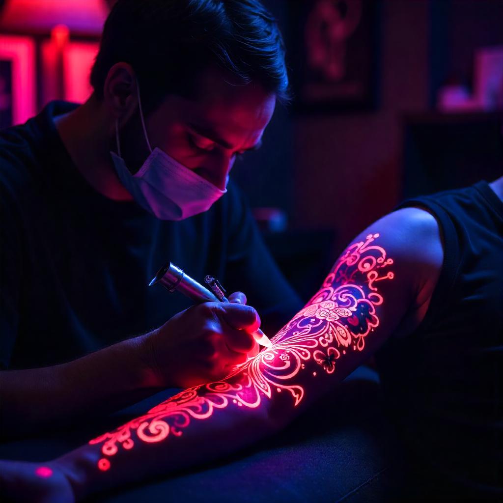 Artista del tatuaje trabajando en el tatuaje de neón 