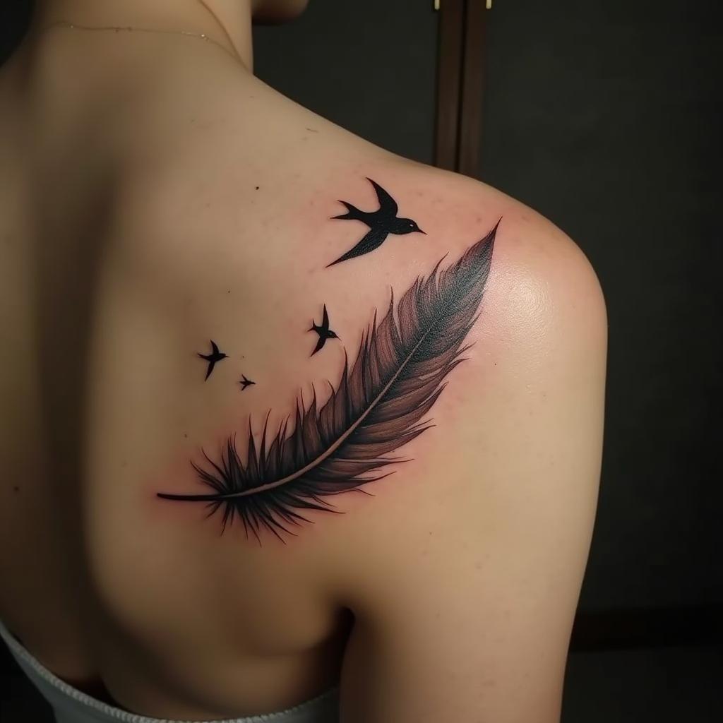 Tatuaje de Pluma con Pájaros en el Brazo Superior