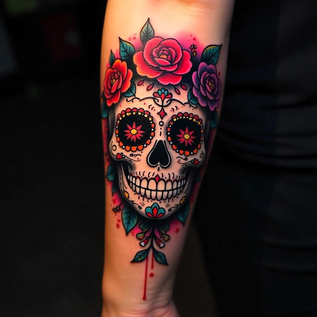 Tatuaje de calavera de azúcar colorida en el antebrazo