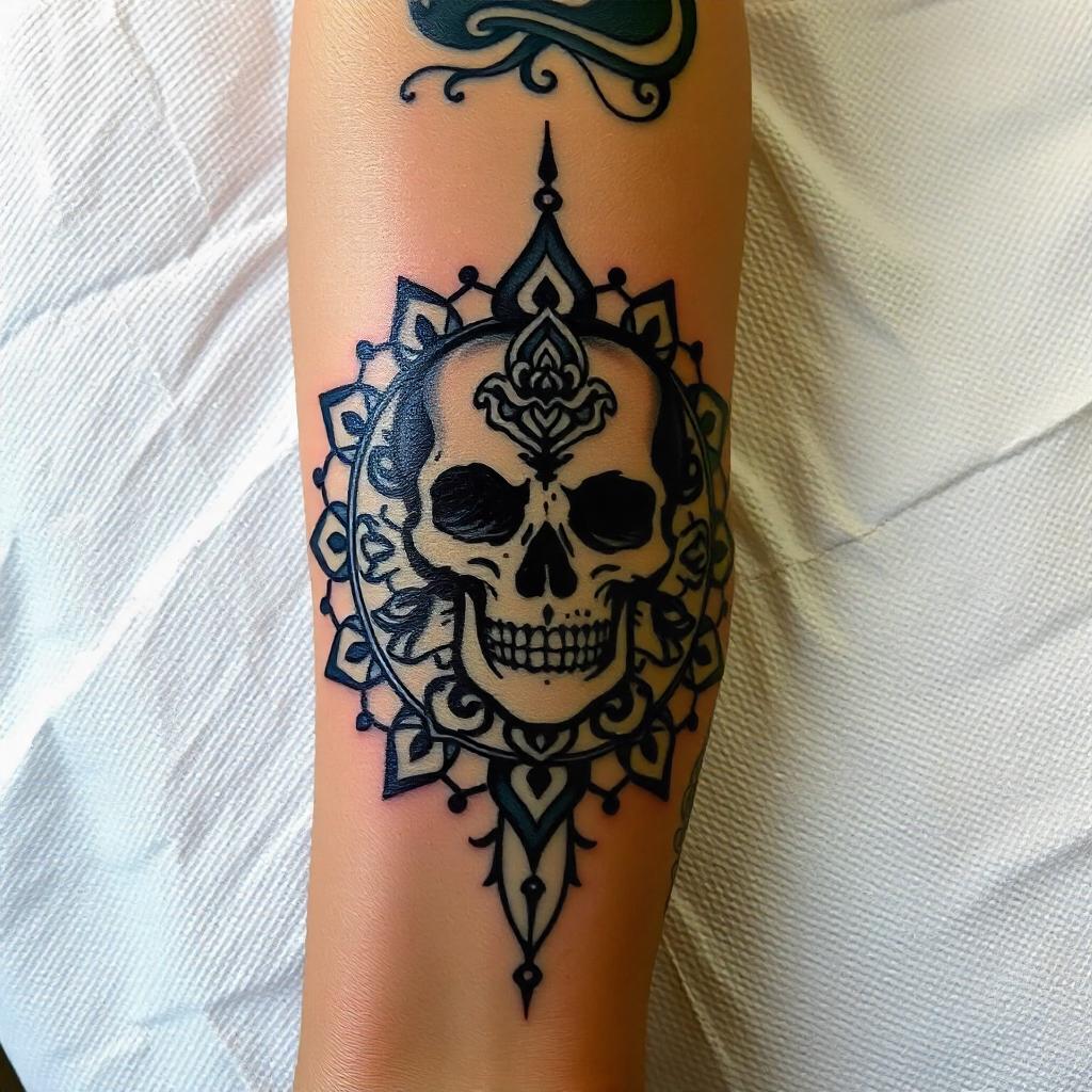 Tatuaje de calavera con patrones de mandala en el antebrazo