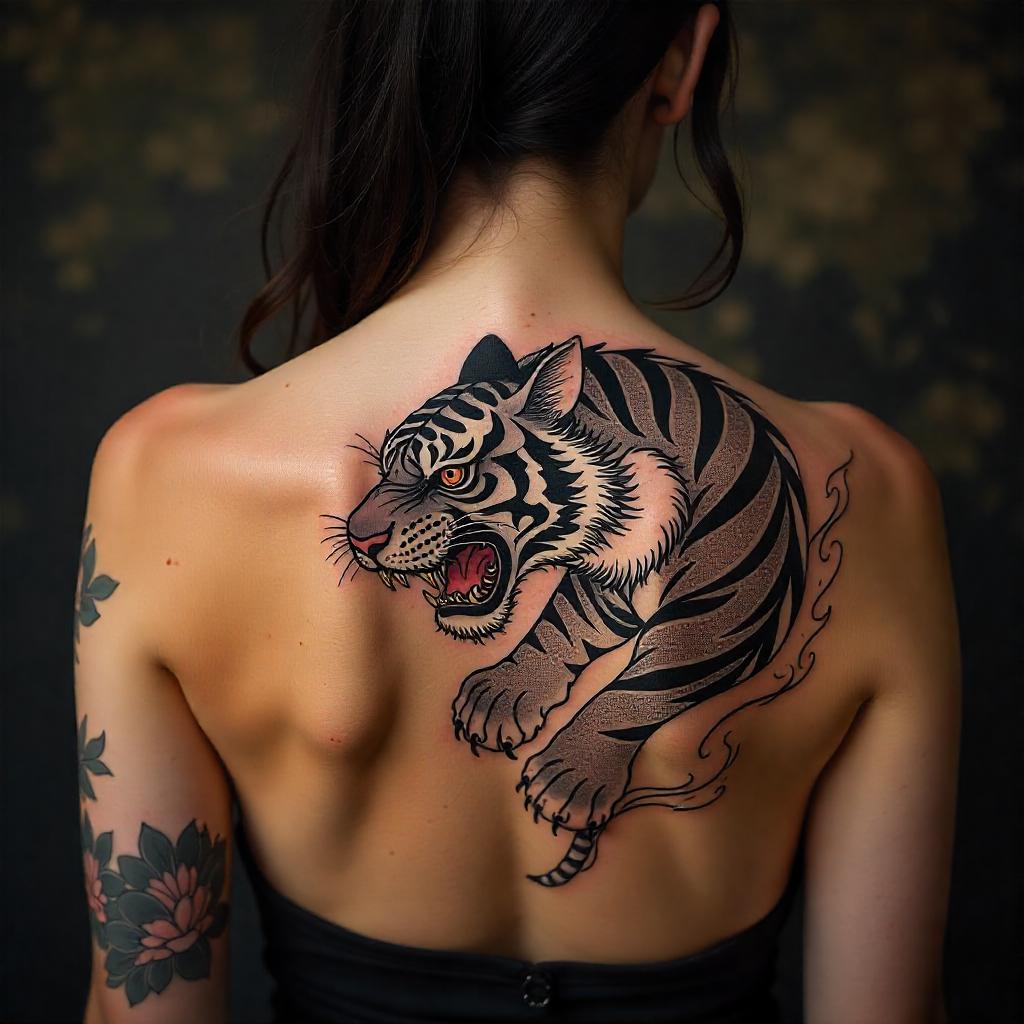 Tatuaje de tigre japonés en la espalda