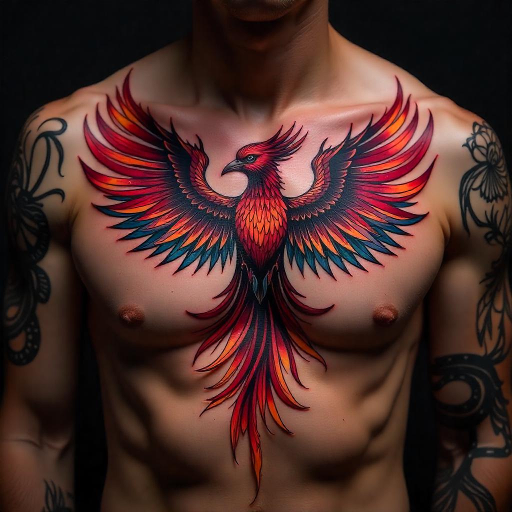 Gran tatuaje de un fénix en el pecho