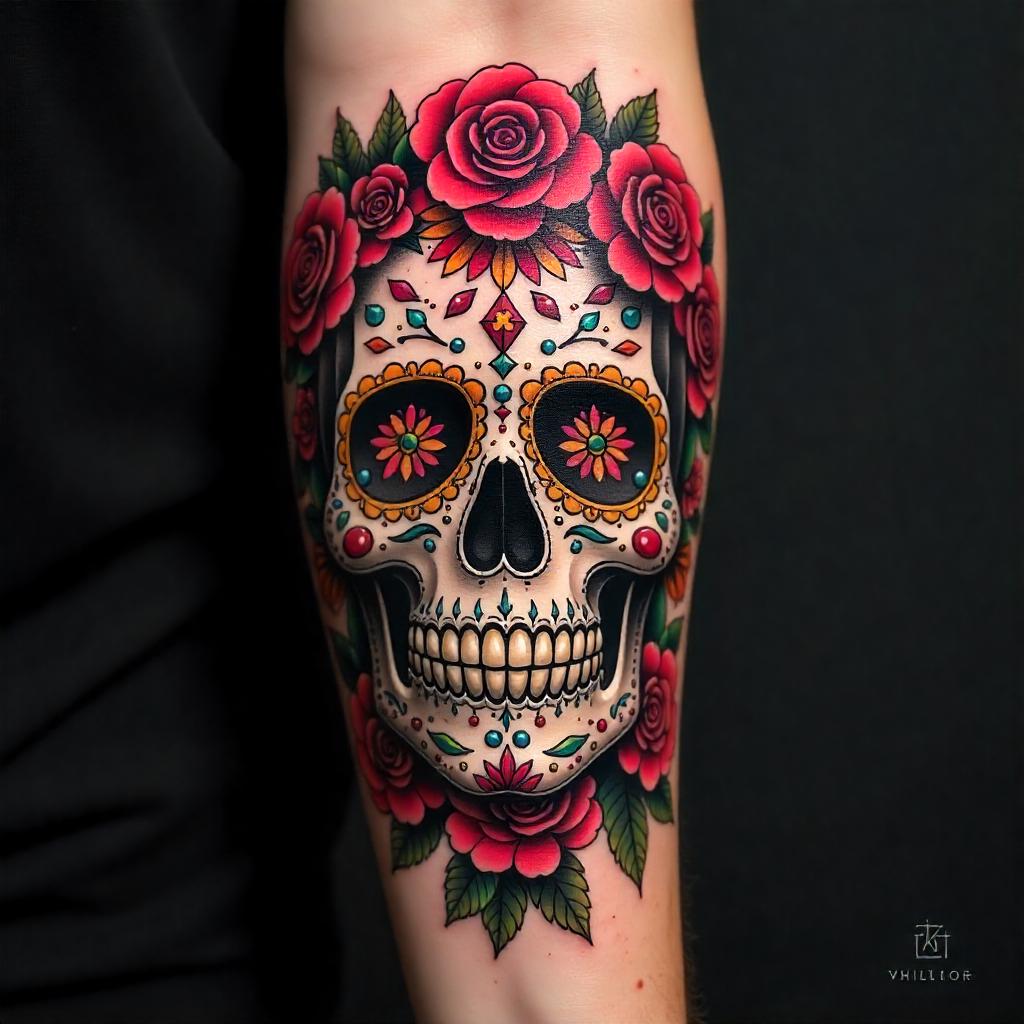 Tatuaje de calavera de azúcar decorada en el antebrazo con flores y patrones
