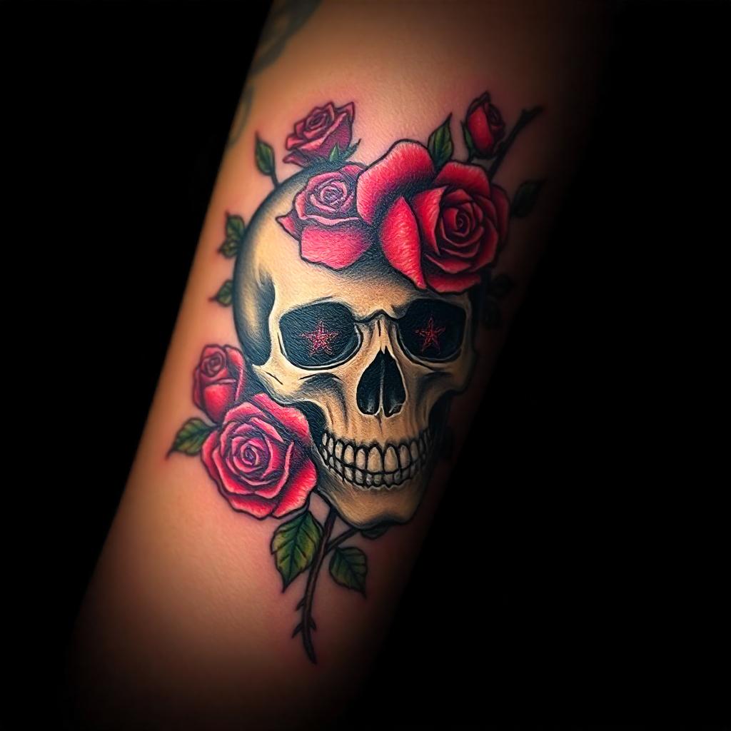 Tatuaje de calavera con rosas en el antebrazo: símbolo de vida y muerte
