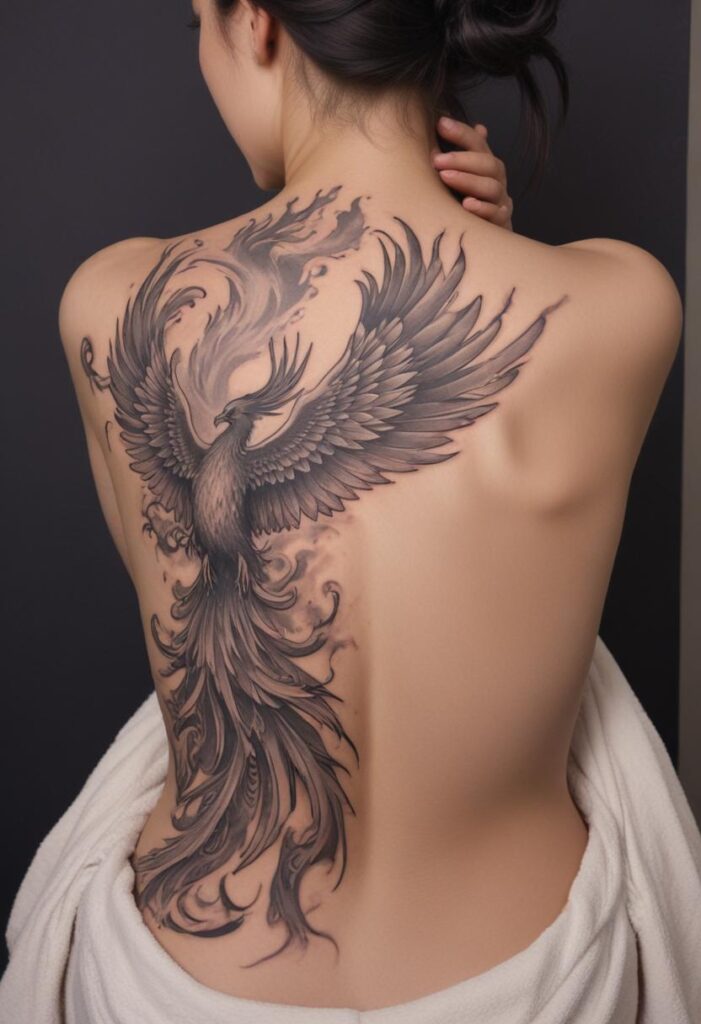 Tatuaje de fénix grande en la espalda para mujer