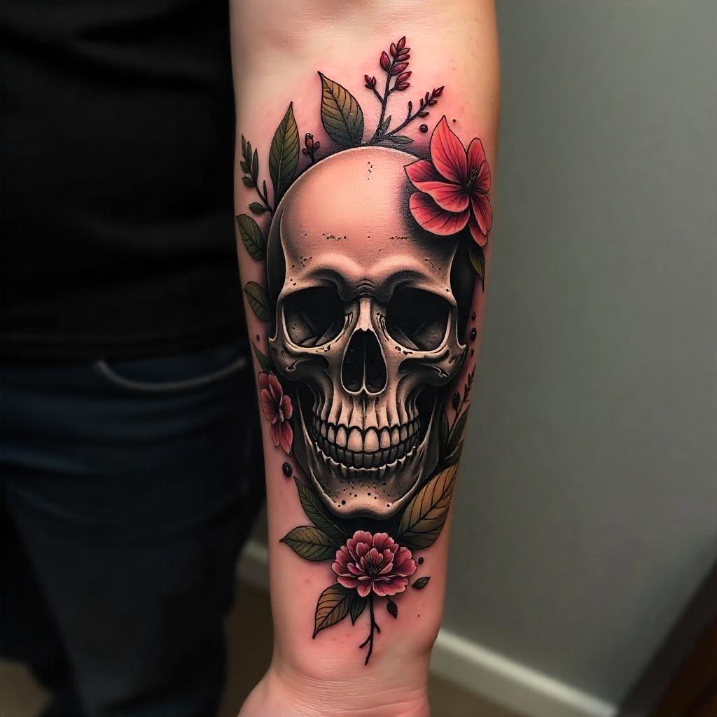 Tatuaje de calavera con elementos naturales en el antebrazo