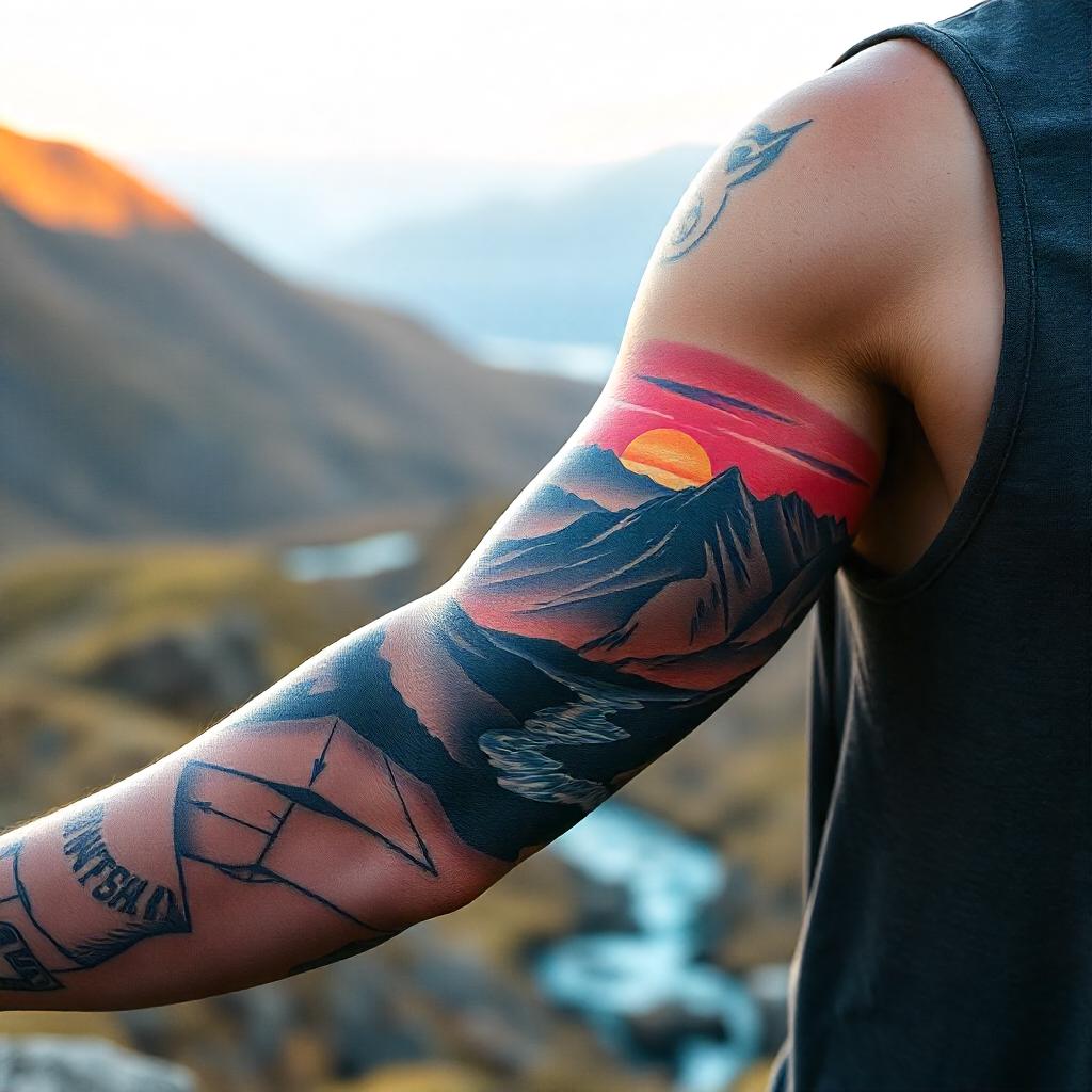 Tatuajes para hombres: Tatuaje de paisaje completo en la manga