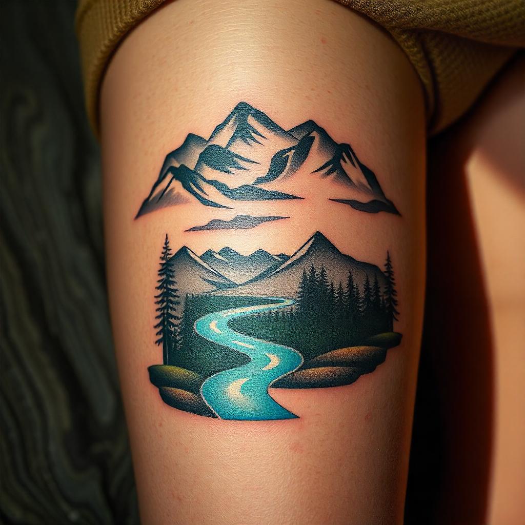 Tatuajes para mujeres: Tatuaje de paisaje escénico en el muslo