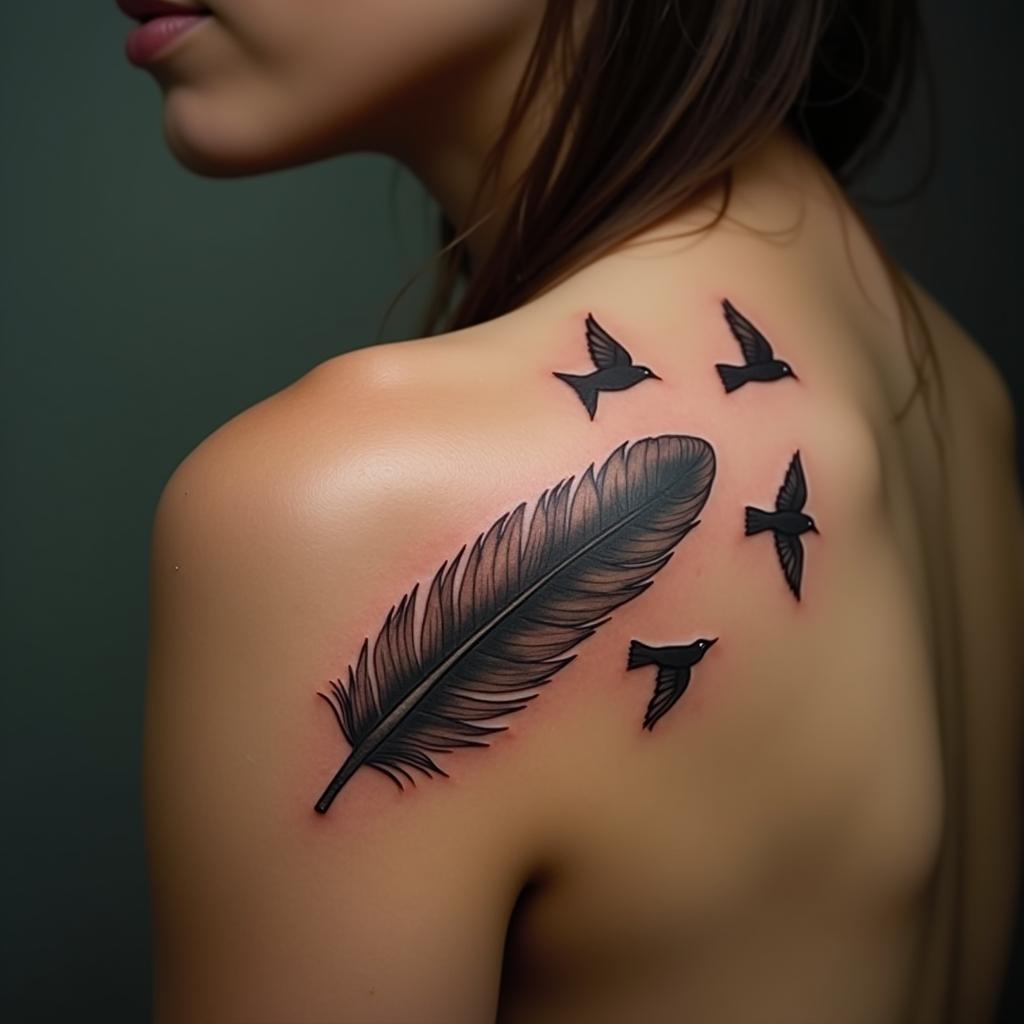 Tatuaje de Pluma y Pájaros en el Hombro