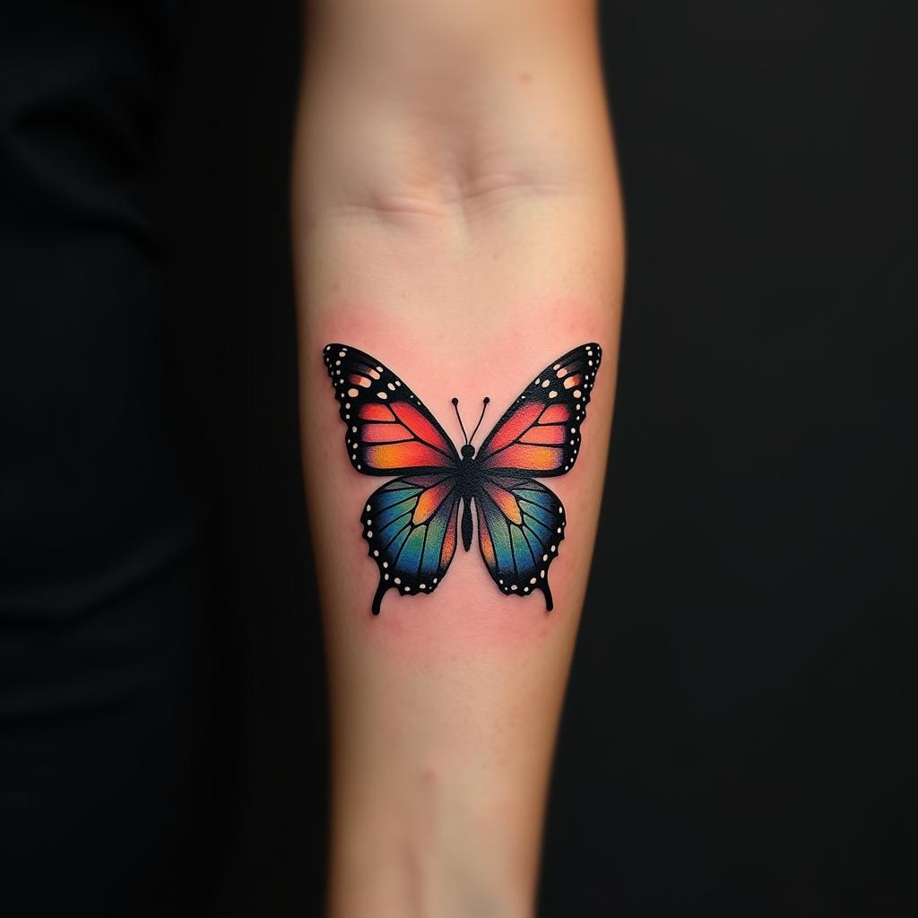 Tatuaje minimalista de mariposa de colores en el antebrazo