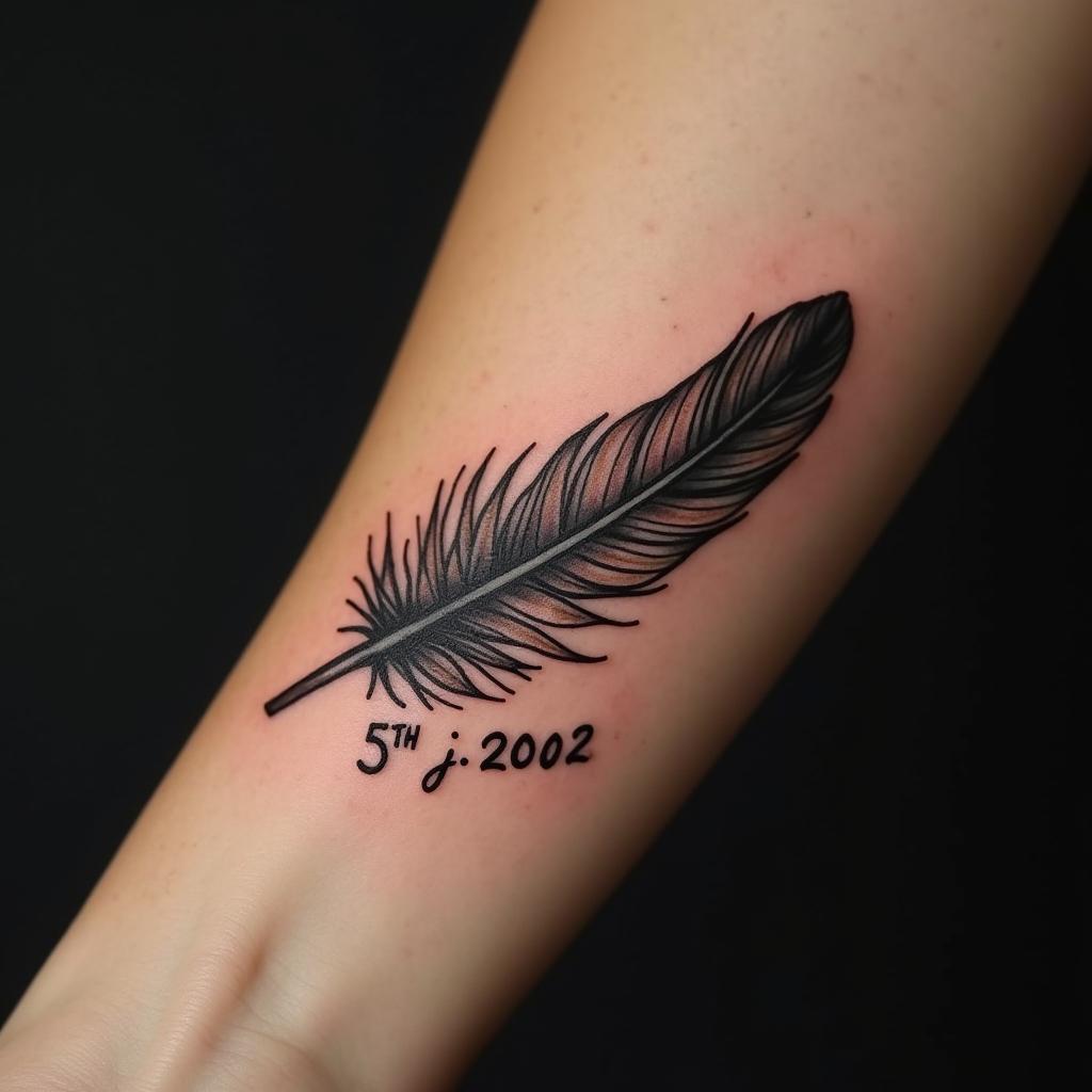 Tatuaje de Pluma con Frase Inspiradora en el Antebrazo