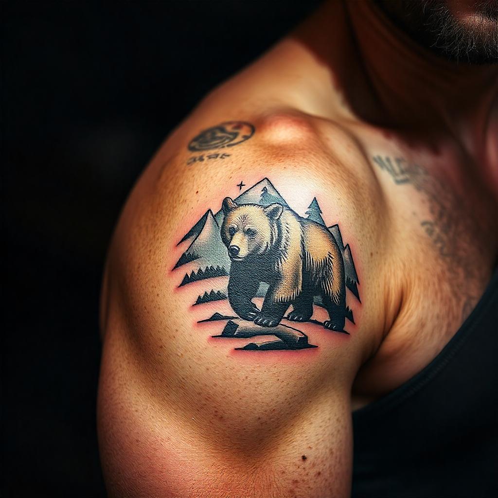 Tatuajes para hombres: Tatuaje de oso en el paisaje montañoso en el brazo superior