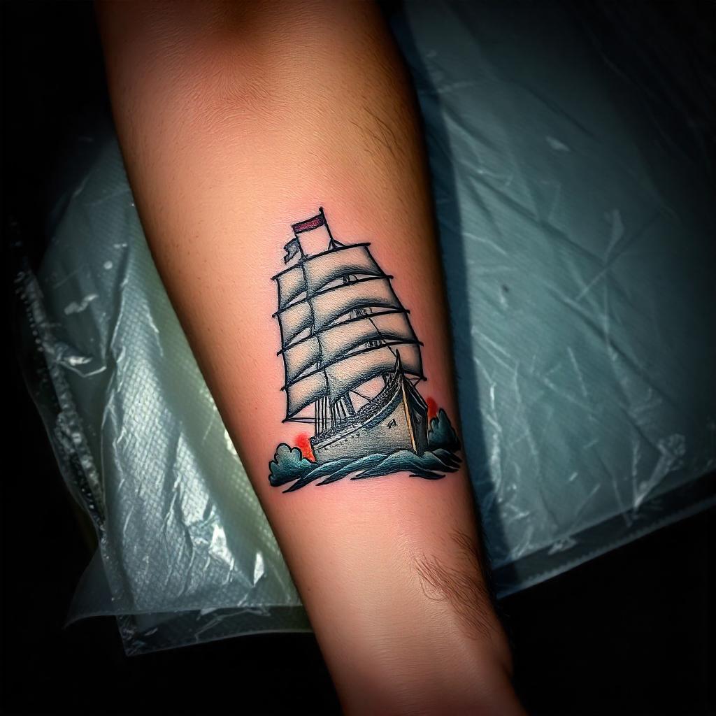 Tatuajes para hombres: Tatuaje de barco en aguas turbulentas en la espalda