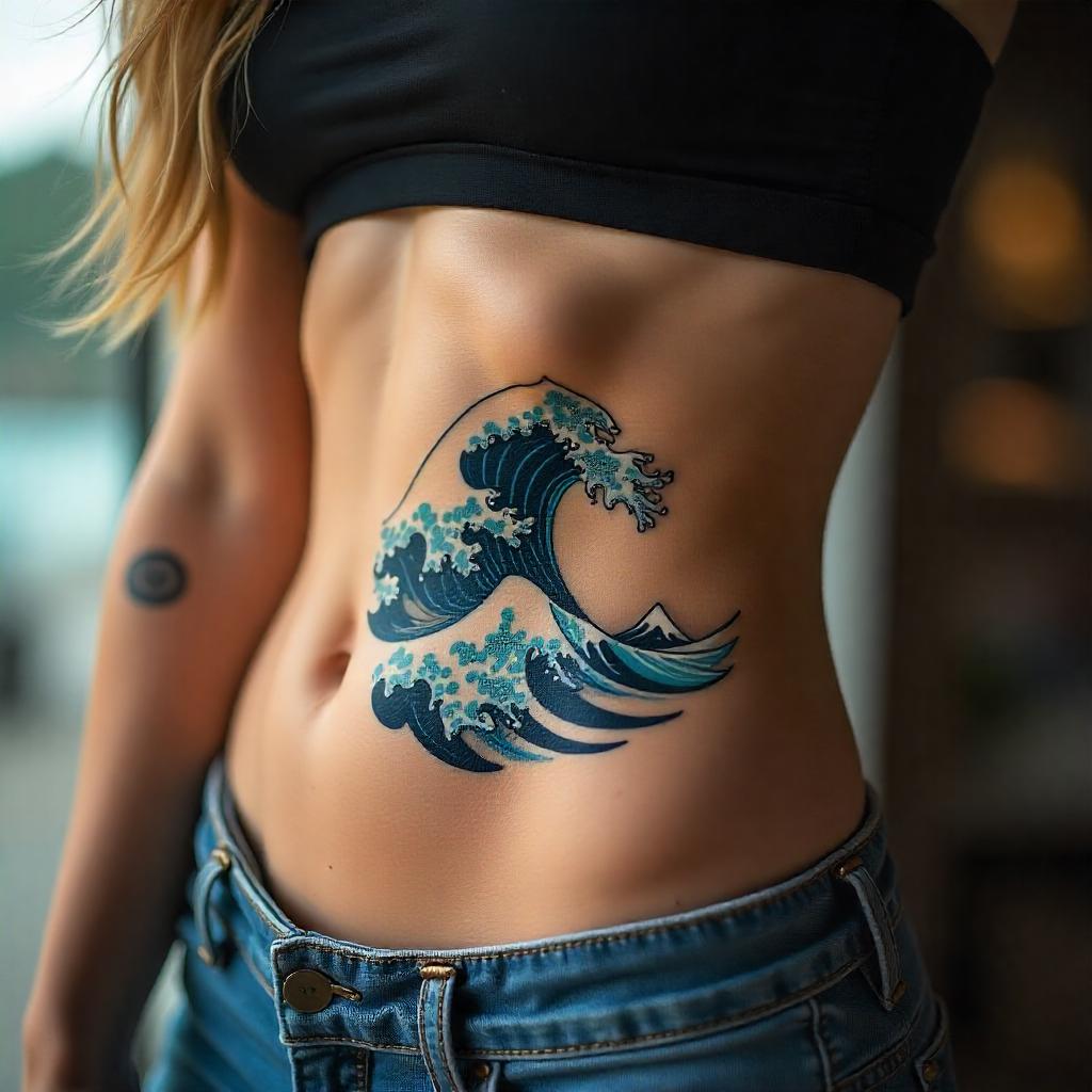 Tatuajes para mujeres: Tatuaje de ola del océano en las costillas