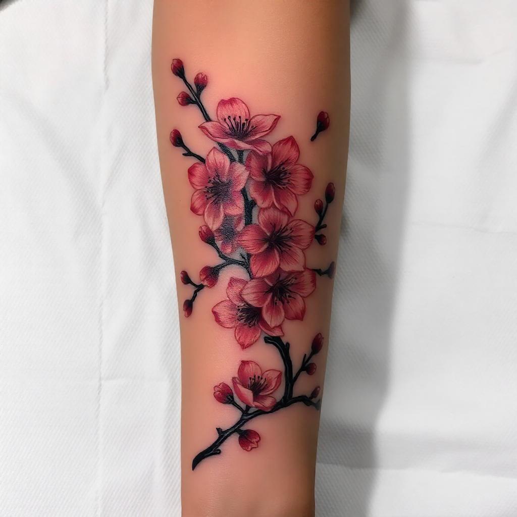 Tatuaje de flores de cerezo japonesas en el antebrazo