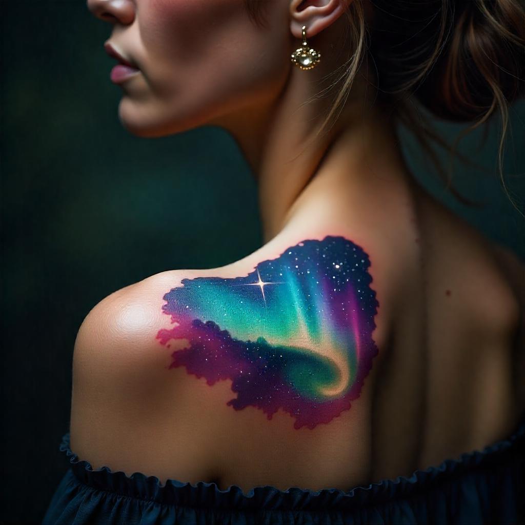 Tatuajes para mujeres: Tatuaje de cielo estrellado y aurora boreal en el hombro