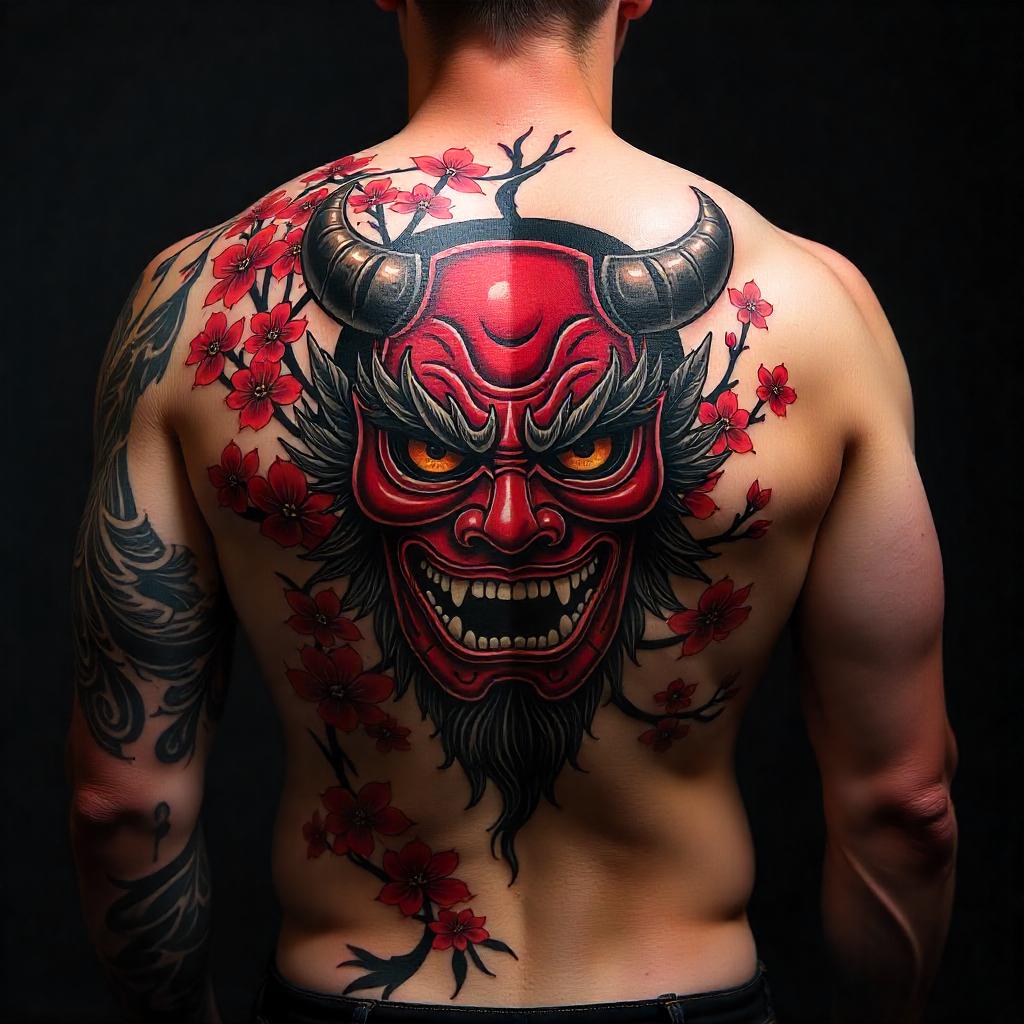 Máscara japonesa Hannya tatuaje en la espalda