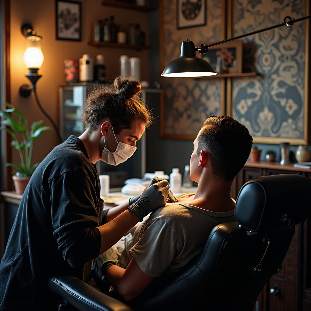 Artista tatuador tatuando a un cliente en un estudio de tatuajes limpio y bien organizado