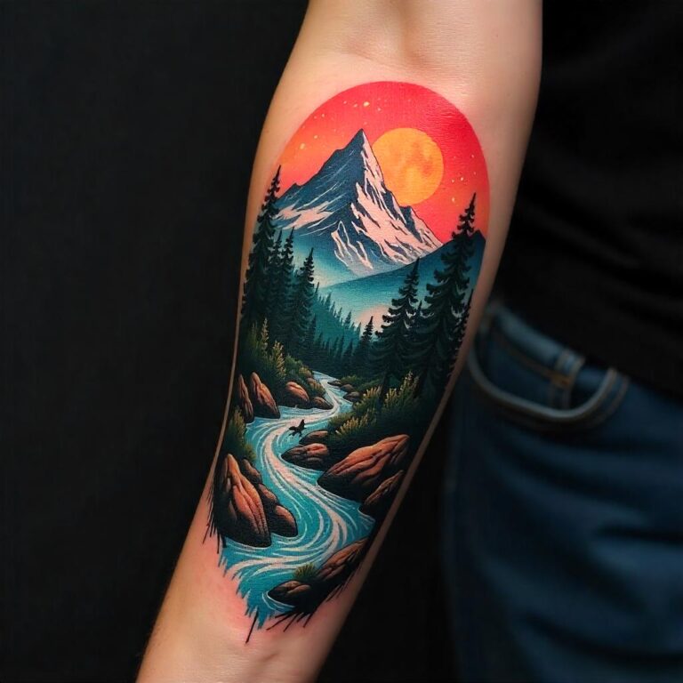 Diseño de Tatuaje de Naturaleza Montaña, Río y Bosque en el Antebrazo