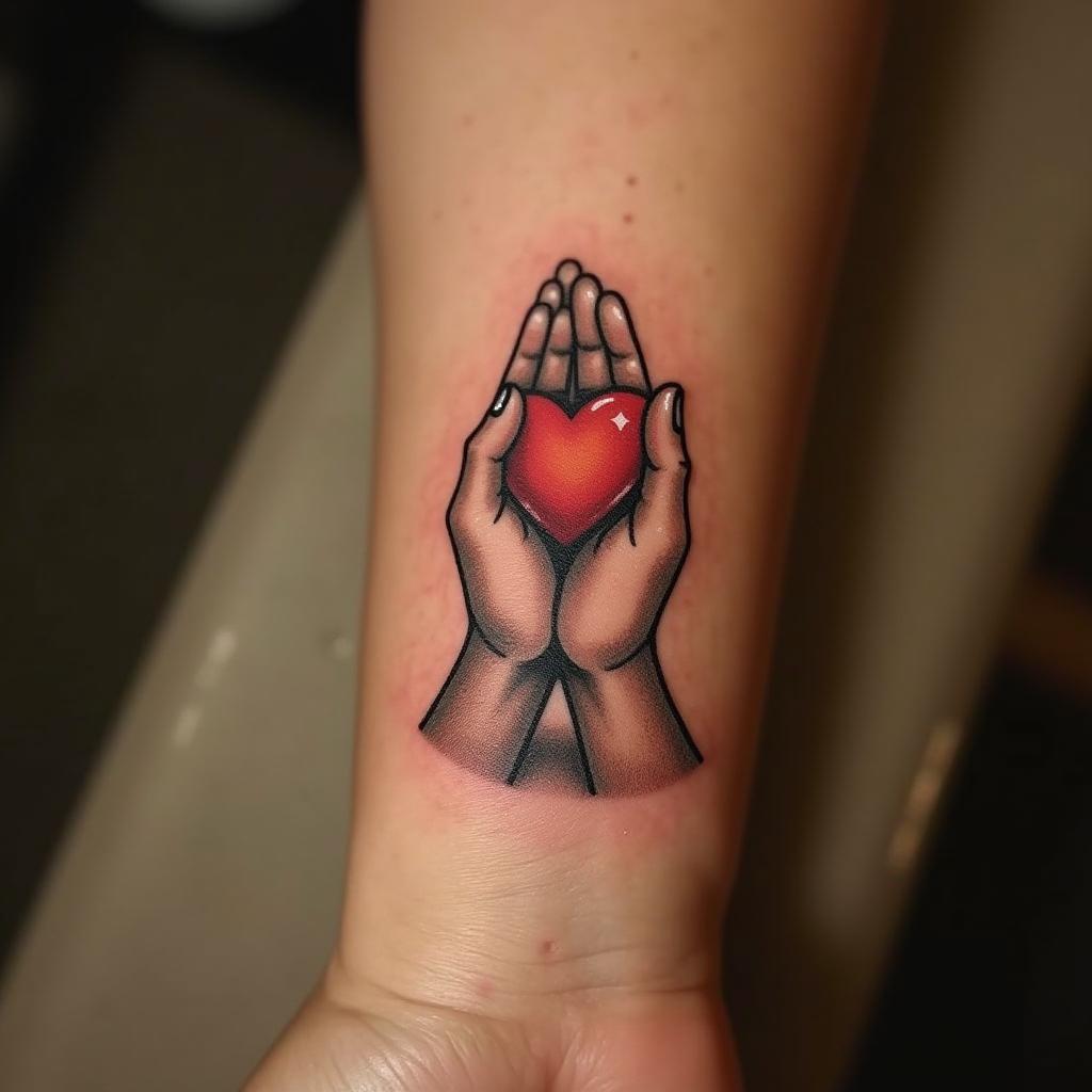 Tatuaje de Manos en Oración con Corazón en el Antebrazo