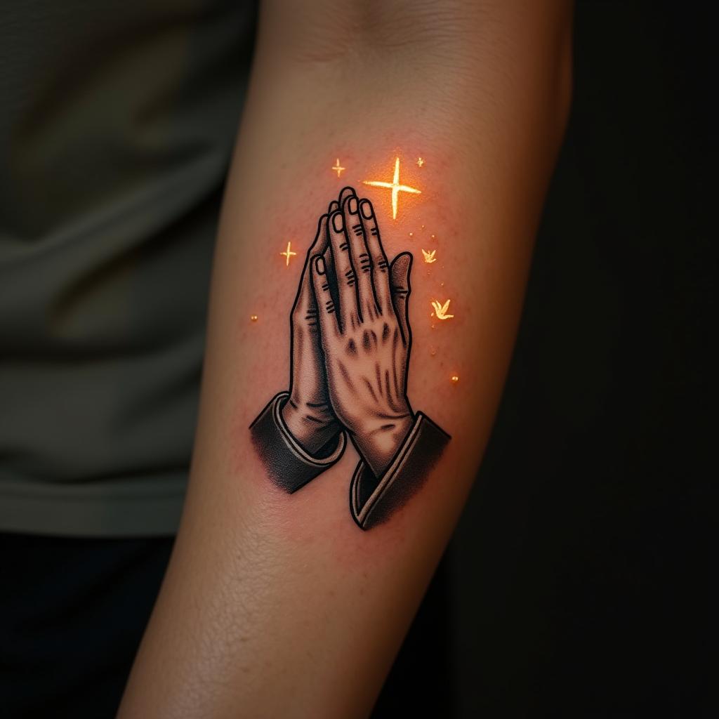 Tatuaje de Manos en Oración en el Antebrazo