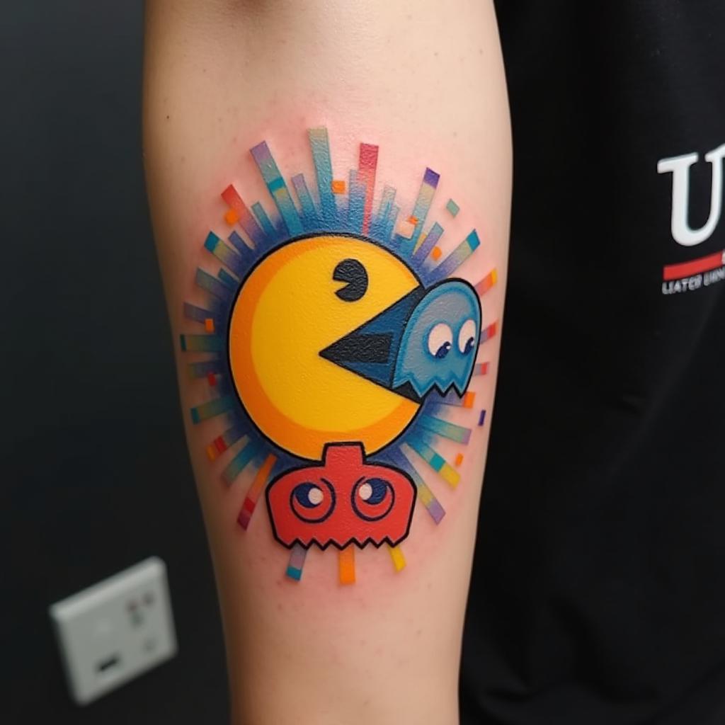 Tatuaje de Pac-Man en el brazo superior Nostalgia retro para gamers