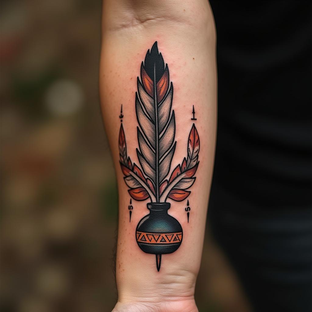 Tatuaje de Pluma con Tintero en la Muñeca Cultura Nativa Americana