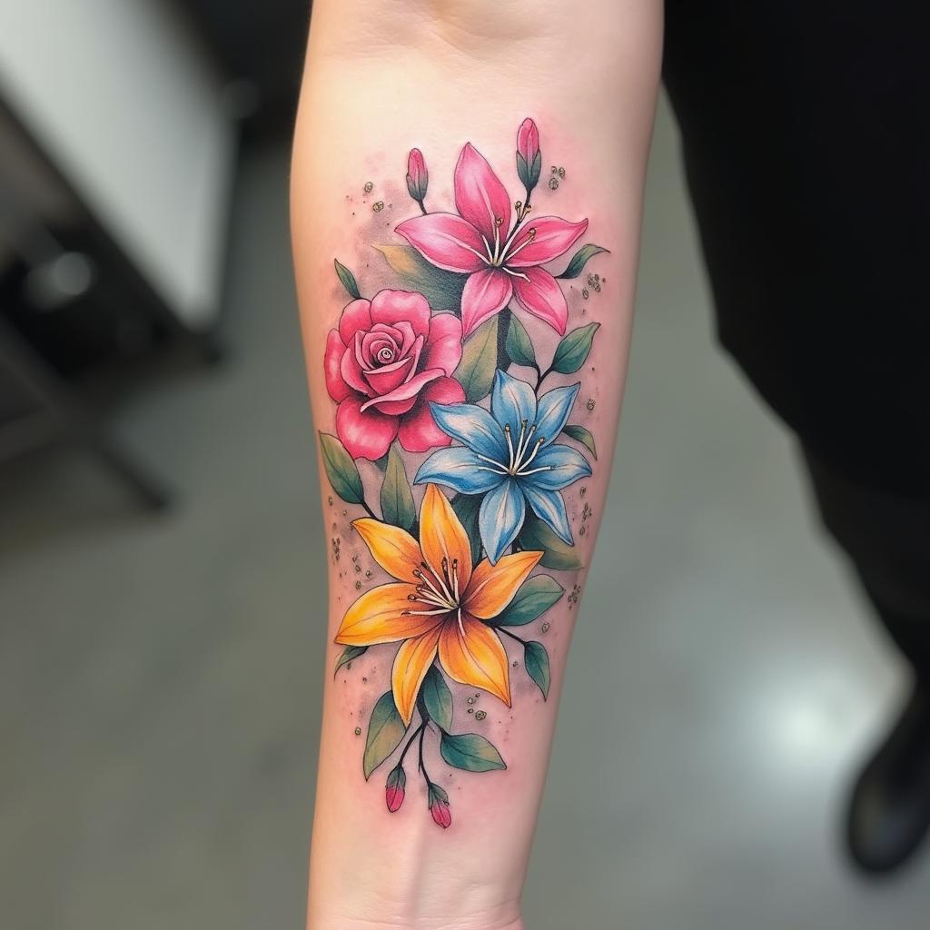 Tatuajes de Acuarela: Tatuaje de flores en el antebrazo