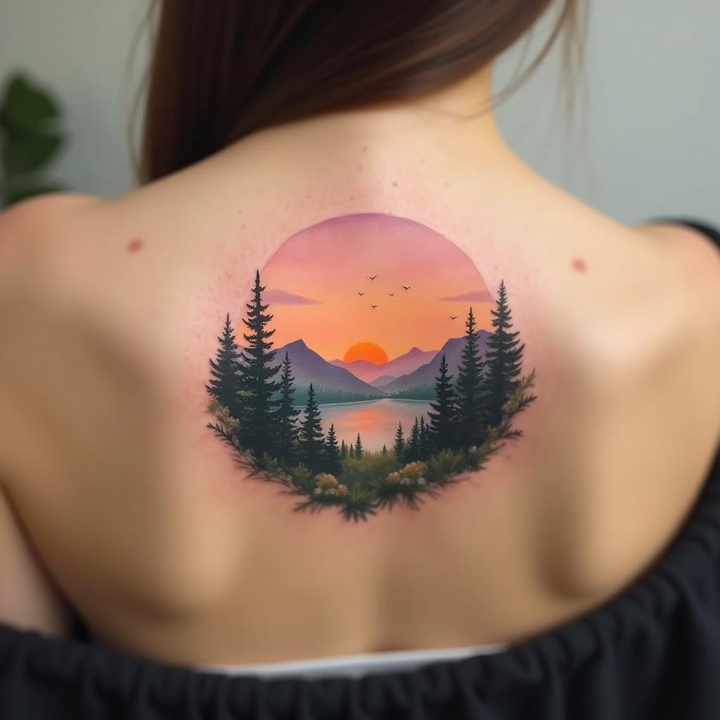 Tatuaje de acuarela de paisaje en la espalda