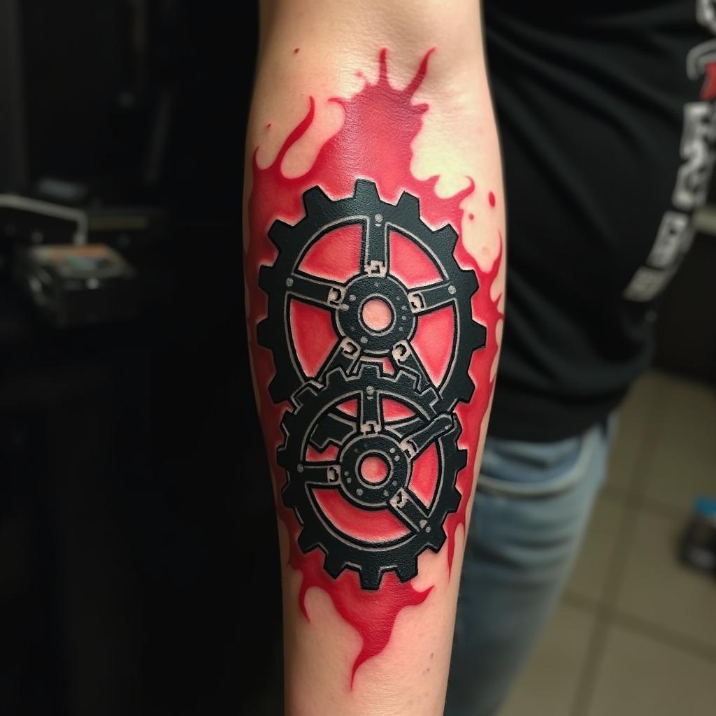 Tatuaje de engranajes en el bíceps Hermandad y lealtad en Gears of War