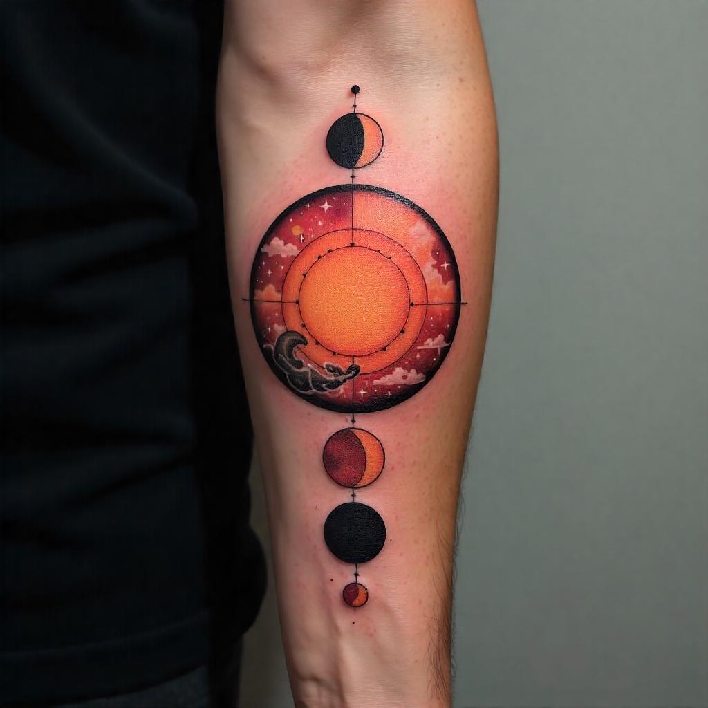 Tatuaje de las fases de la Luna y el Sol en el antebrazo