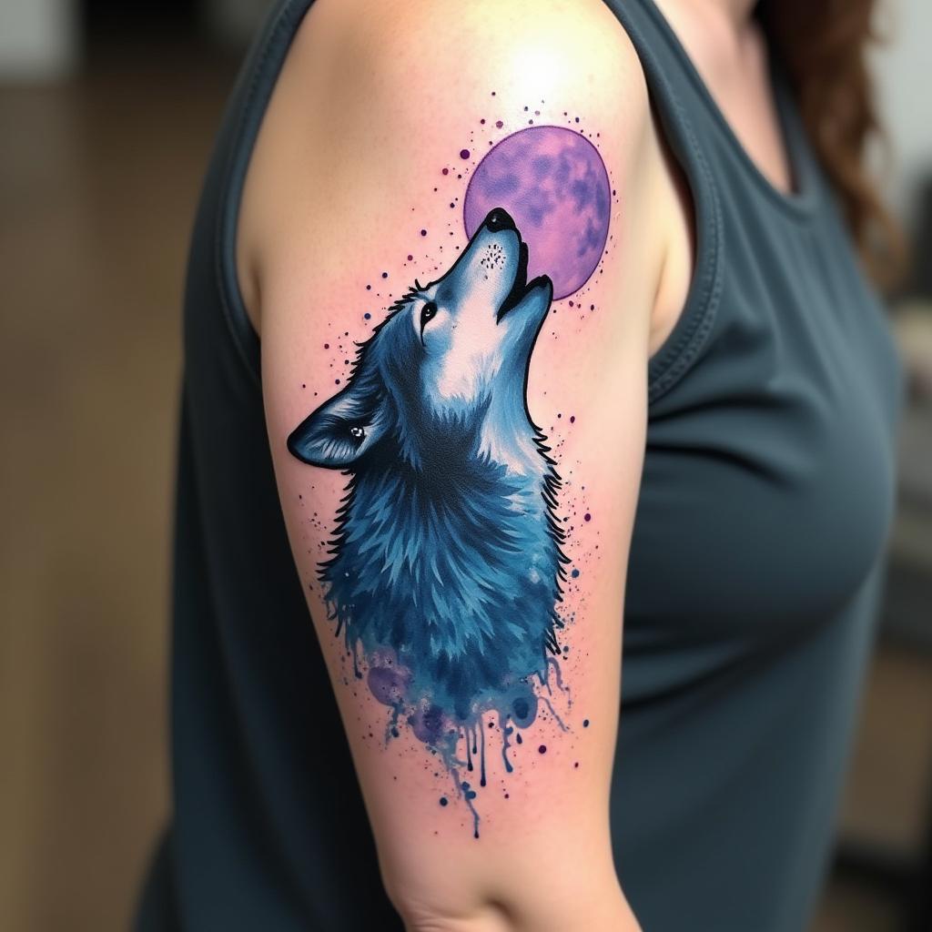 Tatuaje de lobo en acuarela en el brazo