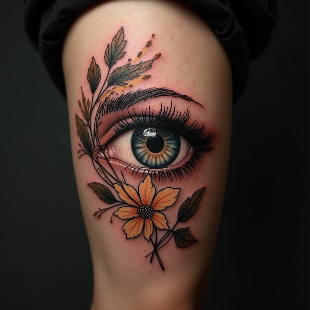 Tatuaje de ojo con elementos naturales en la pantorrilla